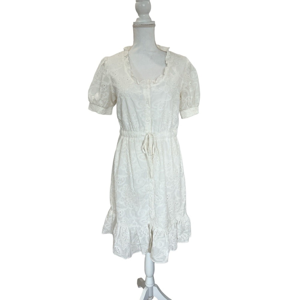 Nanette Lepore White Cotton‎ Eyelet Ruffle Puff Sleeve Button Front Dress 8